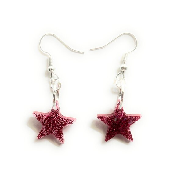 Pink Glitter Star Resin Drop Dangle Earrings, Handmade Minimalist Boho Style - Picture 1 of 3